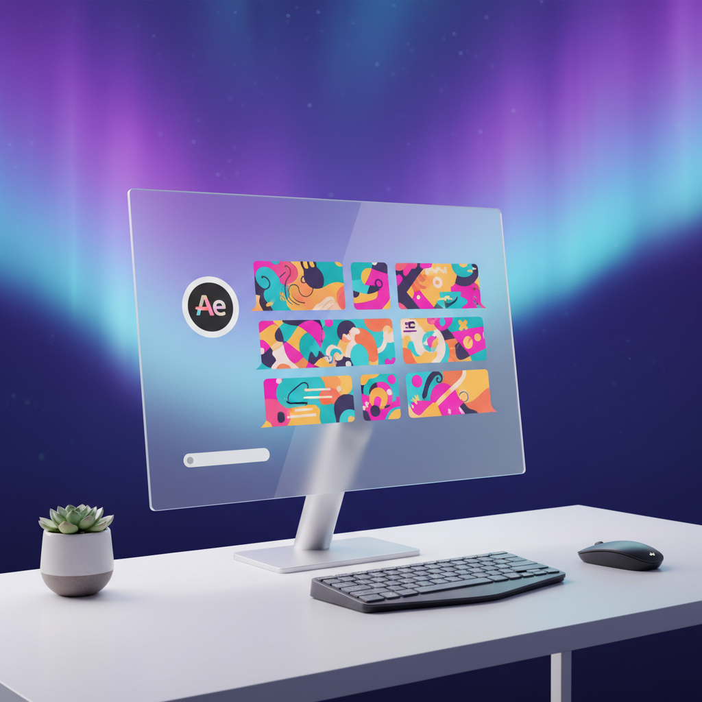 Modern digital interface showing Adobe Express AI assistant chat window with colorful design templates displayed on screen, clean workspace environment, vibrant gradient background in purple and blue tones, professional photography style, bright ambient lighting, no text visible