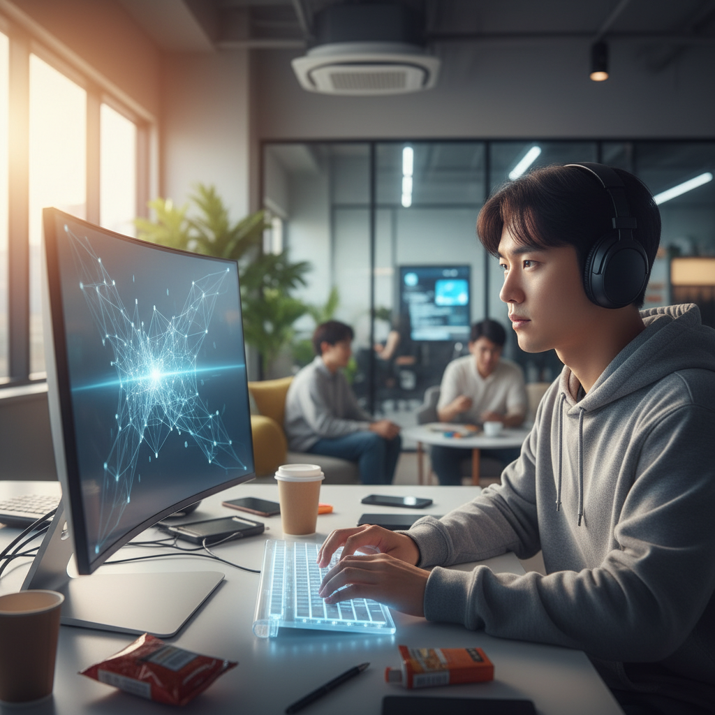 A focused Korean developer confidently coding, with a subtle glow radiating from their screen, symbolizing enhanced productivity and innovation thanks to AI assistance. The background is a blurred, bustling tech office environment. Style: lifestyle photography, warm lighting, natural setting. No visible text in image.