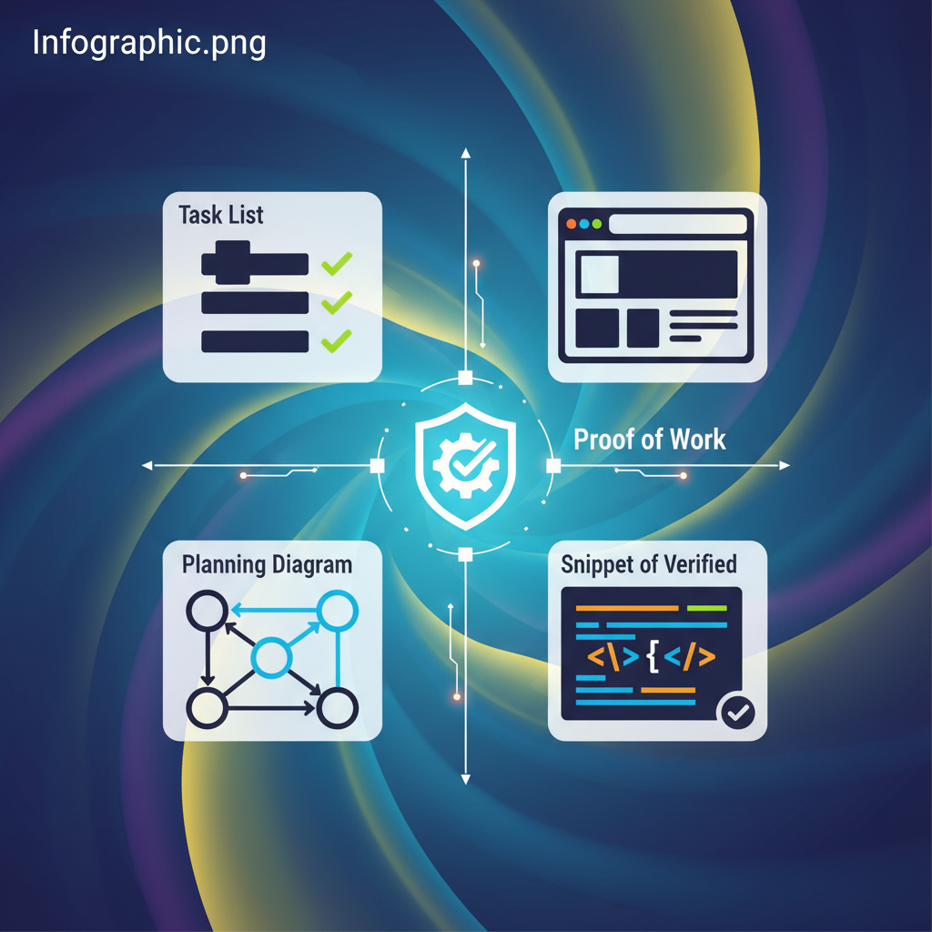 An infographic depicting various 'artifacts' such as a task list, a planning diagram, a small screenshot of a browser, and a snippet of verified code, all organized clearly. Emphasize proof of work. Style: clean infographic, modern layout, high contrast. Dynamic colored background. No visible text in image.