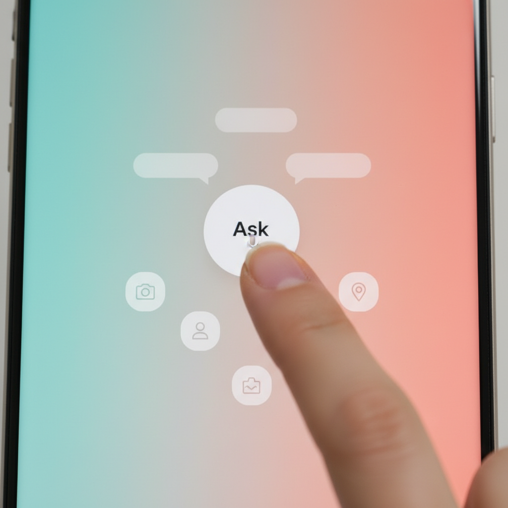 Close-up of smartphone screen showing Google Photos Ask button interface with suggestion chips, modern UI design with floating chat bubbles, soft gradient background in teal and coral colors, Korean user's hand tapping screen, clean minimalist aesthetic, bright even lighting, no text