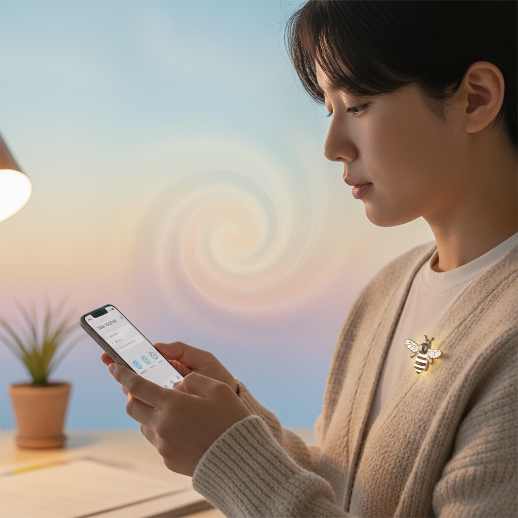 A Korean person wearing a sleek Bee AI pendant clip-on, looking at a smartphone displaying reminders and notes. The background is a vibrant colored gradient, suggesting daily routine in an office or home. Style: lifestyle photography, warm lighting, natural setting. No visible text.