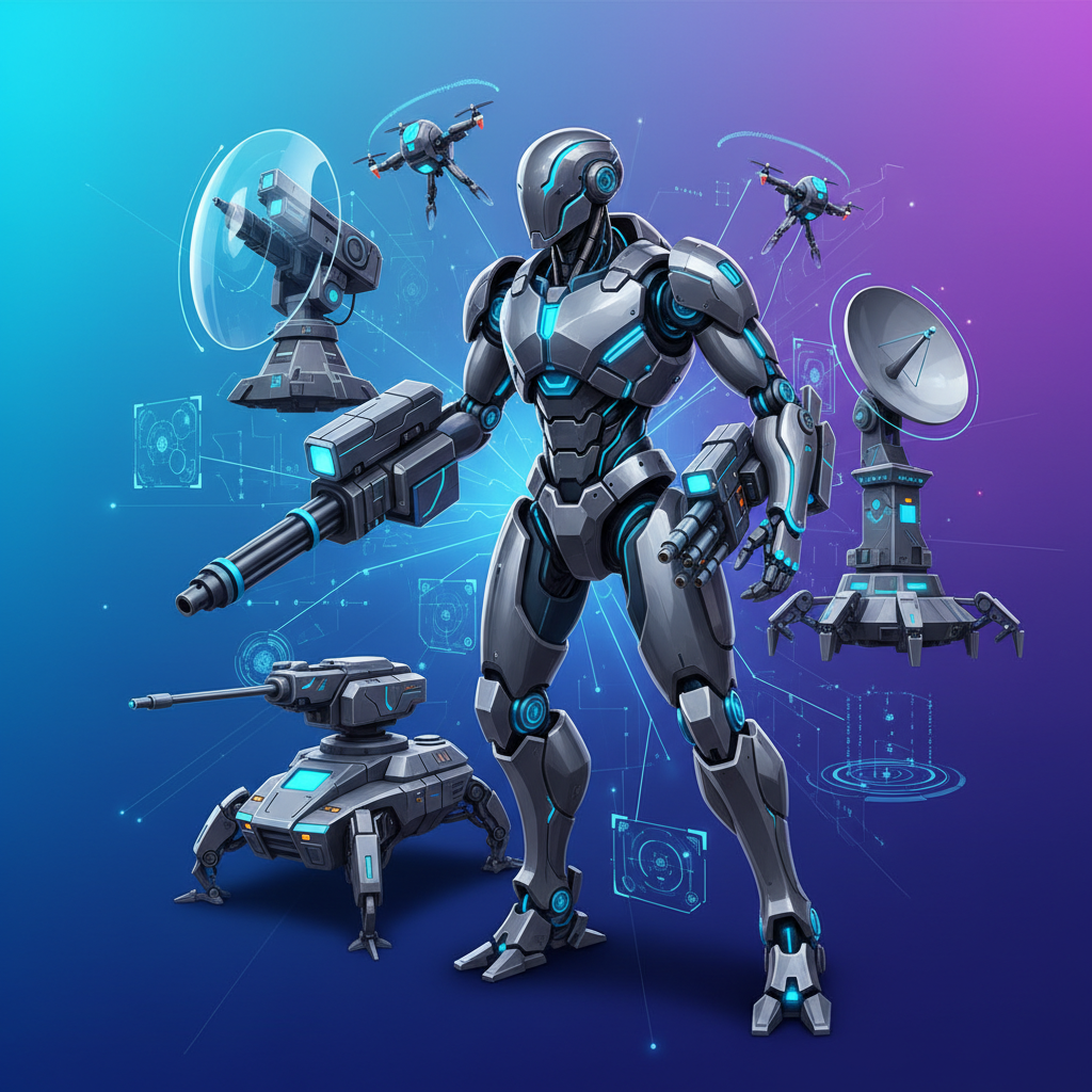 A dynamic illustration showing advanced AI robots integrated with various defense systems. Emphasize sleek design and sophisticated technology against a gradient background. No text.