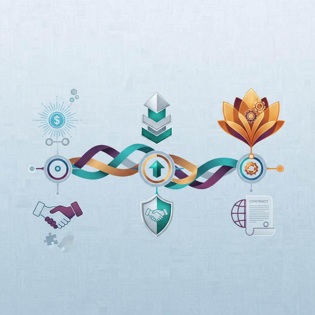 A clean infographic showing financial growth and strategic partnerships. Emphasize a timeline or key milestones with abstract representations of funding rounds and successful contracts against a textured background. No text.