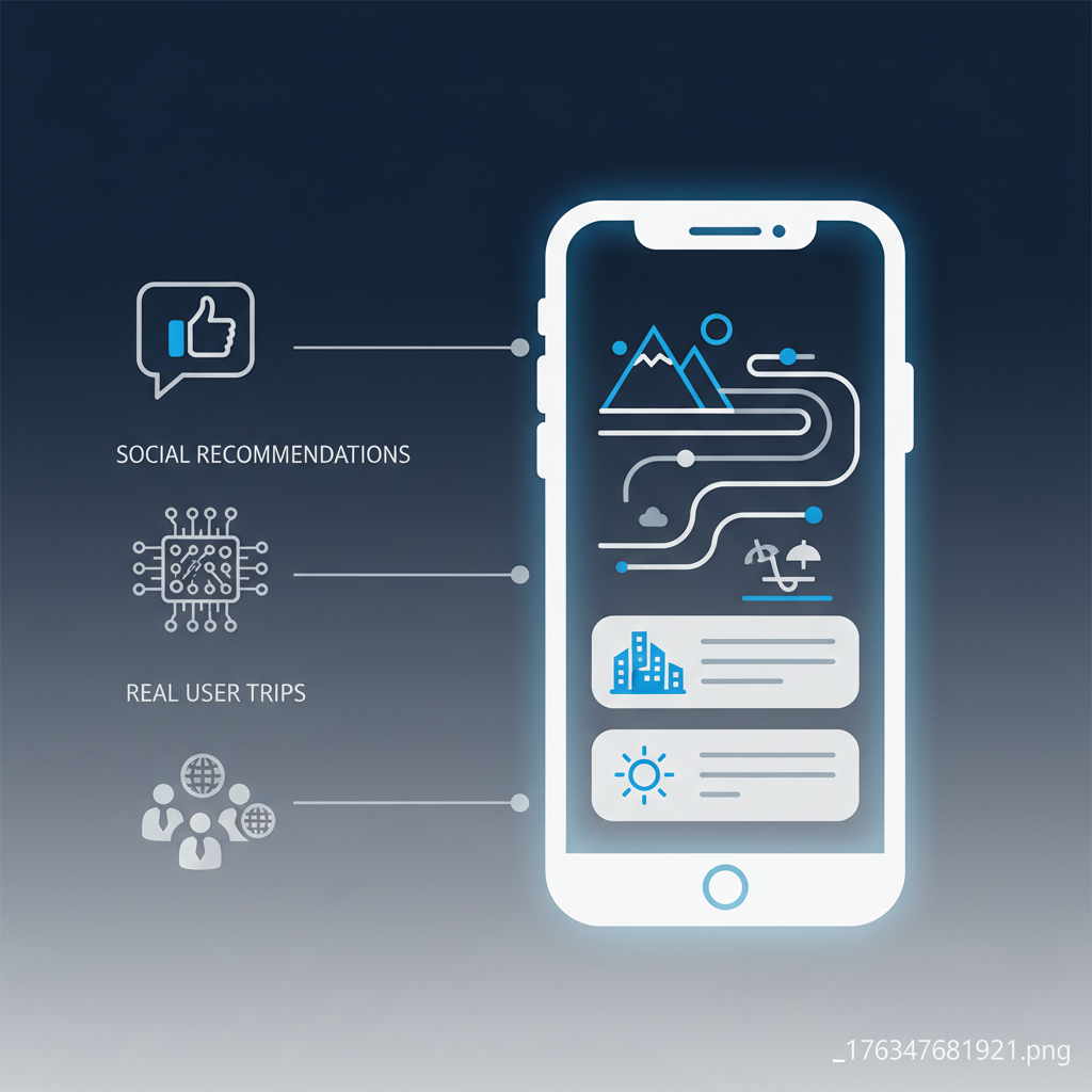 A clean infographic showing a smartphone screen displaying a personalized travel itinerary. On the side, subtle icons representing social recommendations, AI processing, and real user trips. Style: modern layout, high contrast. No text.