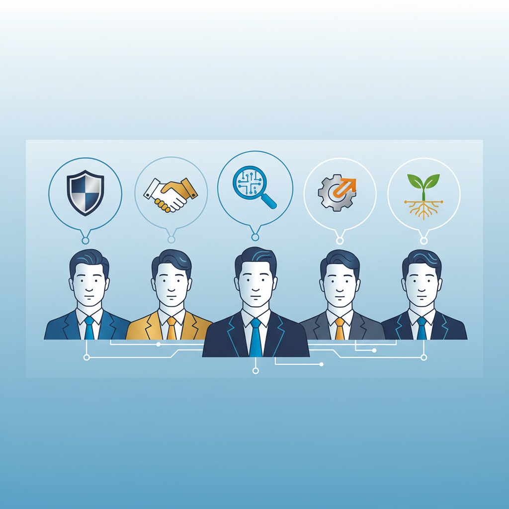 clean infographic, modern layout, high contrast, featuring stylized portraits of several Korean business leaders in suits, each with a thought bubble above their head showing a different approach to AI agents (e.g., a shield for defense, a handshake for collaboration, a magnifying glass for analysis). The background is a light blue gradient, symbolizing forward-thinking. No text, centered focus, visually rich.