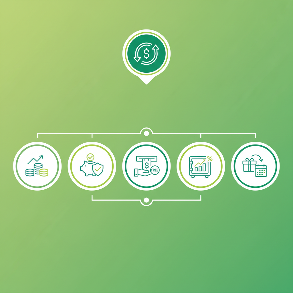 A modern infographic summarizing the benefits of the 'Cash App Green' program. Icons represent higher borrowing limits, free overdraft, free ATM withdrawals, APY on savings, and customized weekly offers. The overall design is clean and professional with a green and white color scheme. No text in the image.