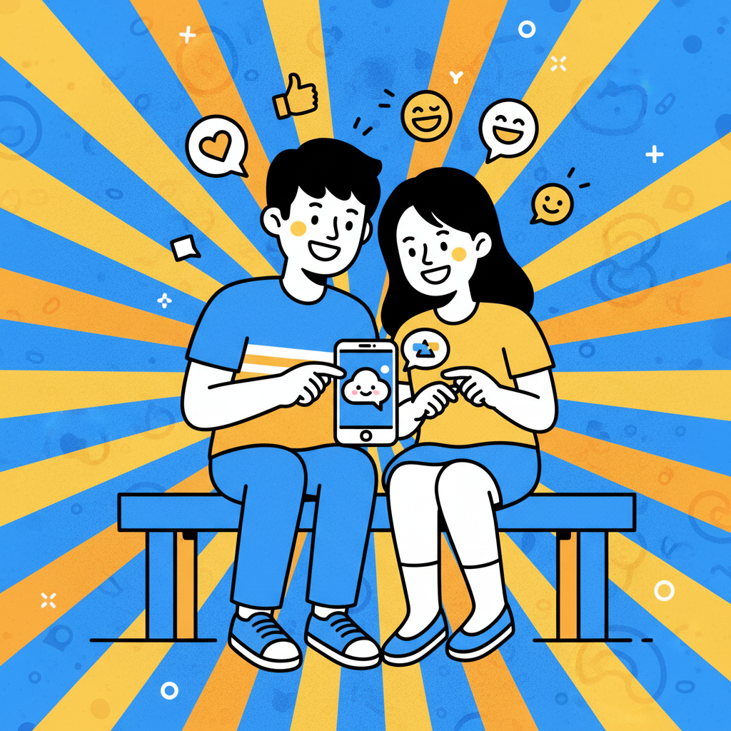 Korean teenagers safely interacting with a Character.AI app on a smartphone, displaying positive engagement. The background is a vibrant, textured gradient. Style: clean infographic, modern layout, high contrast. No visible text in image. No Korean characters.