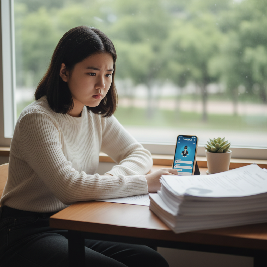 A serious-looking Korean teenager sitting next to blurred legal documents and a smartphone displaying a Character.AI interface. The atmosphere is contemplative with balanced lighting. Style: lifestyle photography, natural setting. No visible text in image. No Korean characters.