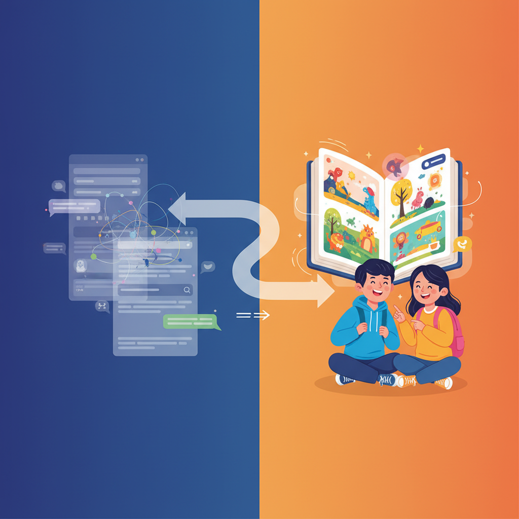 A dynamic illustration showing a path diverging, one side a complex open-ended chat interface with faded elements, the other a clear, engaging storybook interface with vibrant, guided elements. Two Korean teenagers are engaging with the storybook side, looking happy and focused. Clean infographic, modern layout, high contrast, gradient background. No visible text in image.