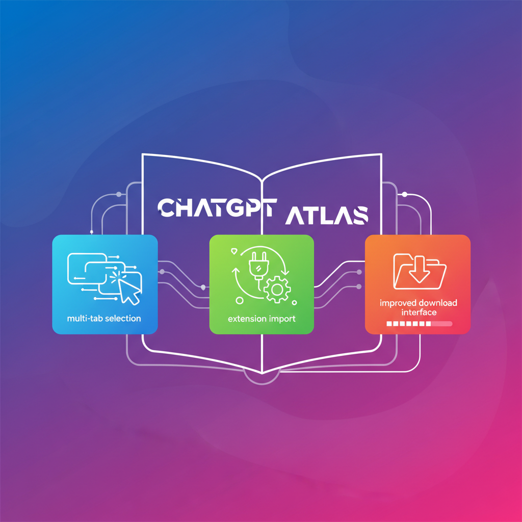 A clean infographic illustrating multiple new features of ChatGPT Atlas, such as multi-tab selection, extension import, and improved download interface. Use icons or simple visual metaphors for each feature within a cohesive, modern layout. Bright, high-contrast colors on a gradient background. No visible text.