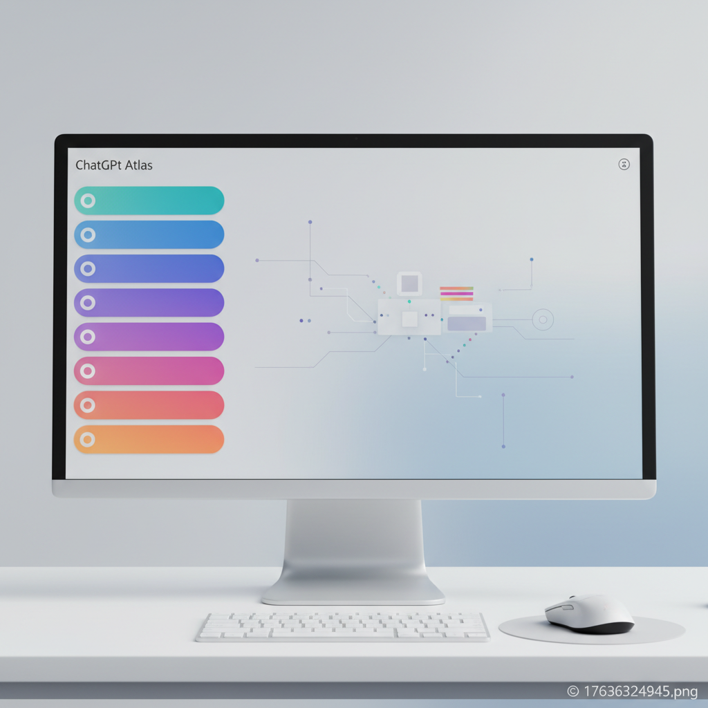 A sleek, modern infographic showing the new vertical tabs in ChatGPT Atlas on a computer screen. The tabs are arranged on the left side, clearly visible, with a gradient background. Emphasize the clean UI and the concept of enhanced productivity. No visible text.