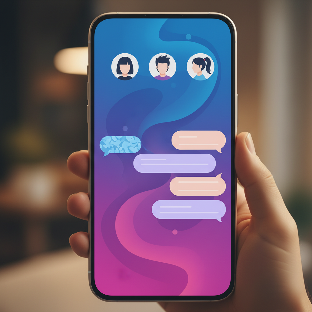 Modern smartphone screen displaying a chat interface with multiple user profile icons and conversation bubbles, vibrant gradient background from blue to purple, Korean appearance users interacting, warm ambient lighting, centered composition, visually rich digital interface design, no text visible