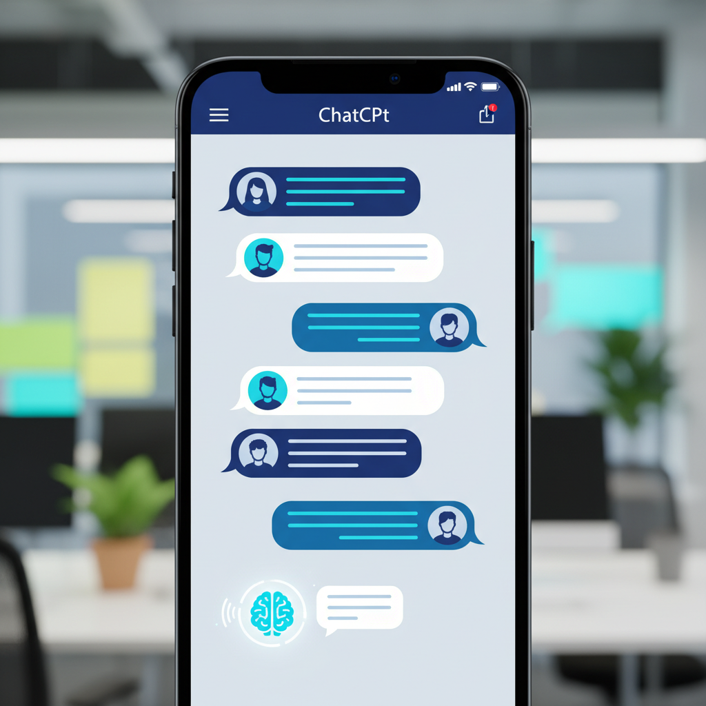 Clean infographic, modern layout, high contrast. A close-up shot of a smartphone screen displaying the user interface of a ChatGPT group chat. The screen shows chat bubbles with diverse profile pictures, and an AI icon suggesting a new message. The background is a blurred, vibrant office setting. No visible text in image.
