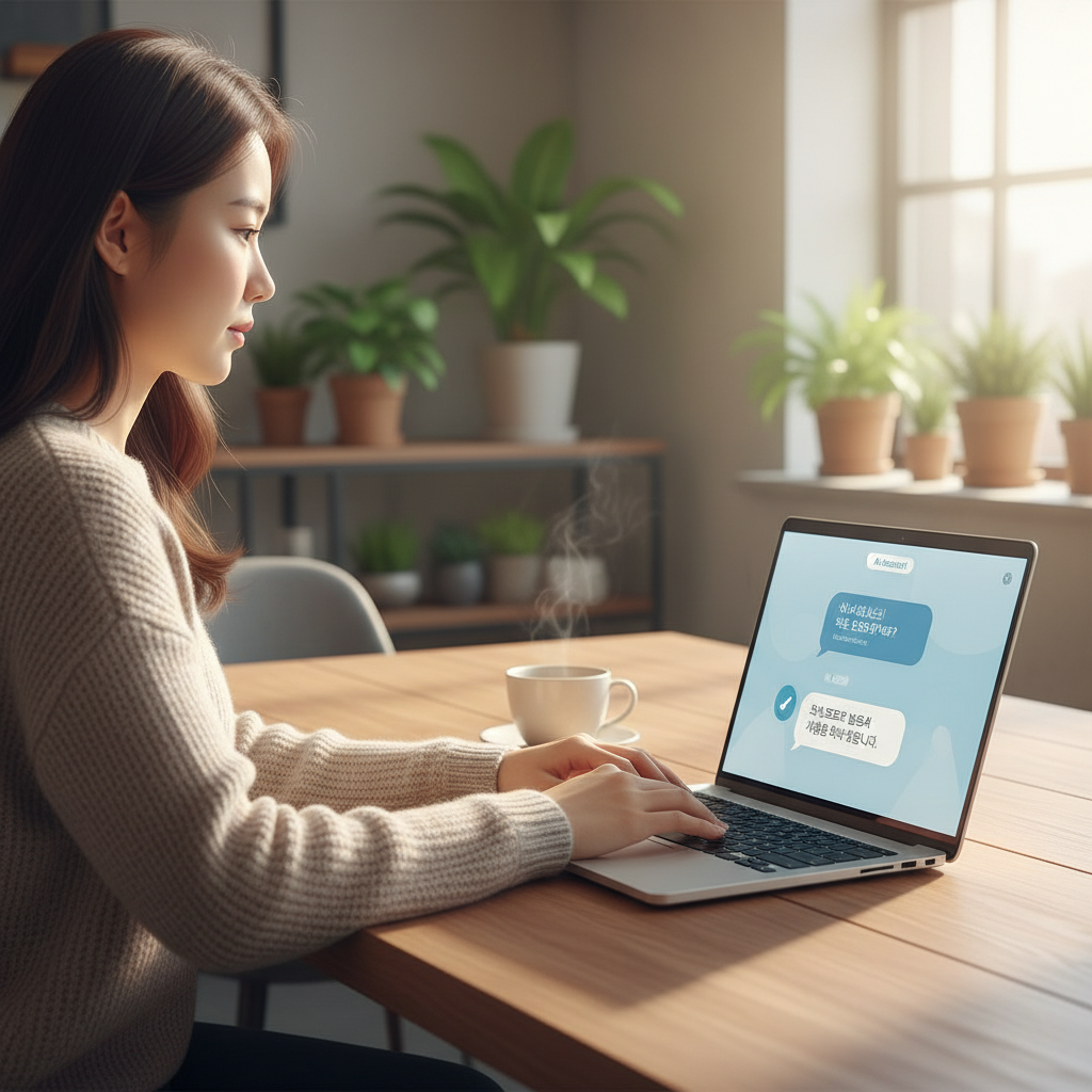 Modern office workspace with laptop screen showing AI chatbot interface with conversation bubbles, Korean professional woman in her 20s typing on keyboard, warm ambient lighting, lifestyle photography, wooden desk with coffee cup, soft focus background with plants, natural window light, no text