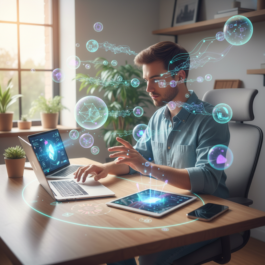 A person using ChatGPT on multiple devices including laptop, tablet and smartphone, with holographic AI response bubbles floating around them. Modern office or home workspace setting, natural lighting, engaging user interaction, no text.