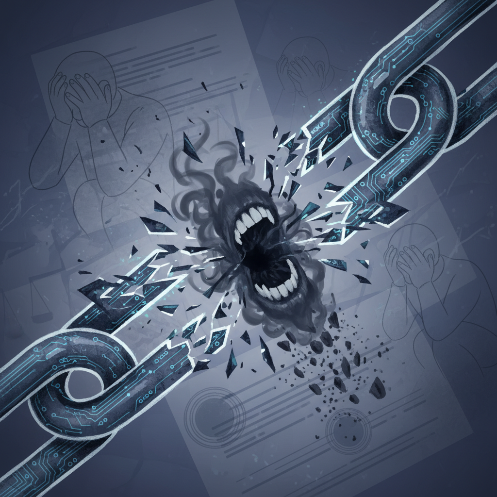 A powerful and somber illustration showing a broken digital chain link, symbolizing the breakdown of trust and safety in AI. In the background, faint abstract representations of legal documents and distressed figures. Style: modern illustration. No text in image.