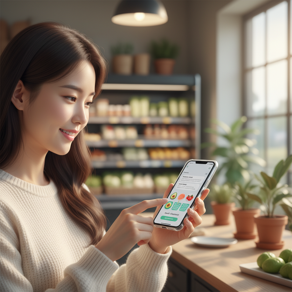 lifestyle photography, warm lighting, natural setting. A Korean woman using a smartphone with a stylized ChatGPT app interface. On the screen, she's browsing ideas for a meal, adding items to a multi-item basket, and completing a quick checkout. Her face shows satisfaction. A blurred background of a modern grocery store or a cozy home. No text on screen or visible UI text in Korean.