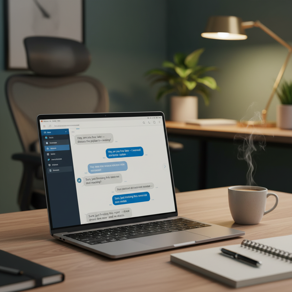 A modern laptop screen displaying a chat interface with visible em dash punctuation marks in text, warm office lighting, realistic workspace setting with coffee cup and notebook, cozy atmosphere, natural colors, detailed view