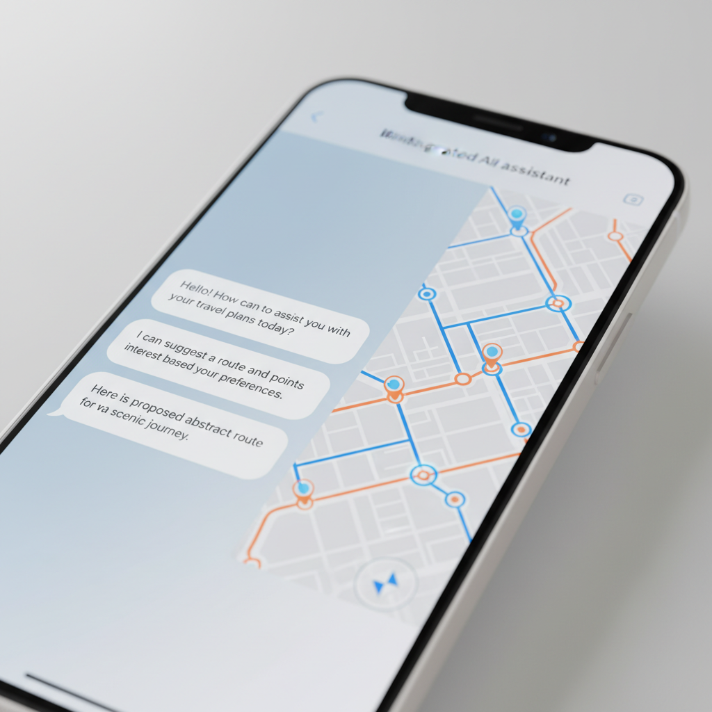A close-up of a smartphone screen showing a ChatGPT interface. On one side, chat bubbles with text responses are displayed. On the other side, a simple, abstract map with route lines and markers is visible. The interface looks clean and modern, representing integrated multimodal interaction. Bright, neutral lighting with a subtle gradient background. No real place names or specific text on the map; only abstract graphical elements. No visible human interaction.