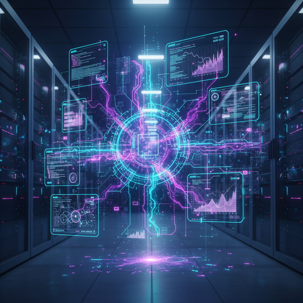Advanced AI neural network visualization with flowing data streams, holographic interface elements showing machine learning processes, purple and cyan color scheme, futuristic server room environment with ambient lighting, depth of field effect, technology-focused composition with rich visual details, no text