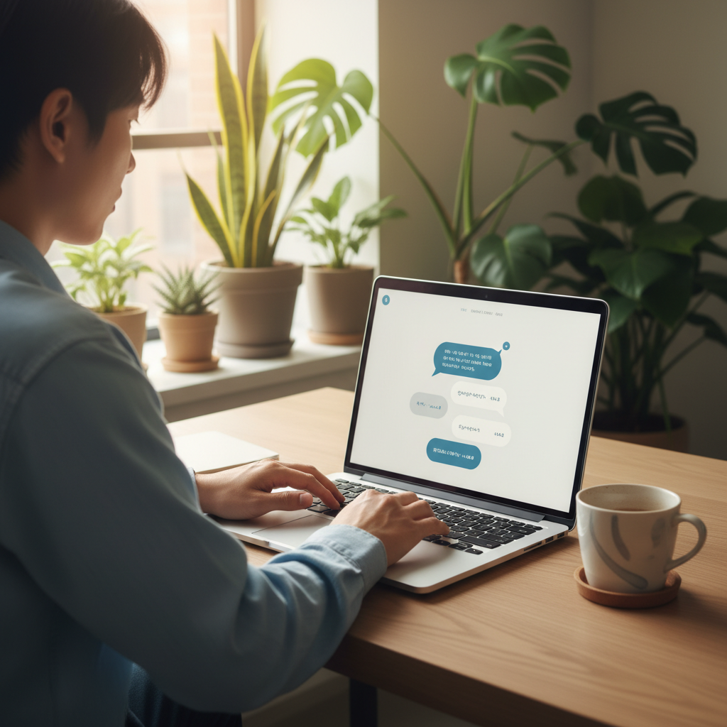 Professional workspace showing person using AI chatbot on laptop screen, clean modern interface with conversation bubbles, warm ambient lighting, coffee cup nearby, plants in background, realistic lifestyle photography style, Korean appearance person, natural expression, no text