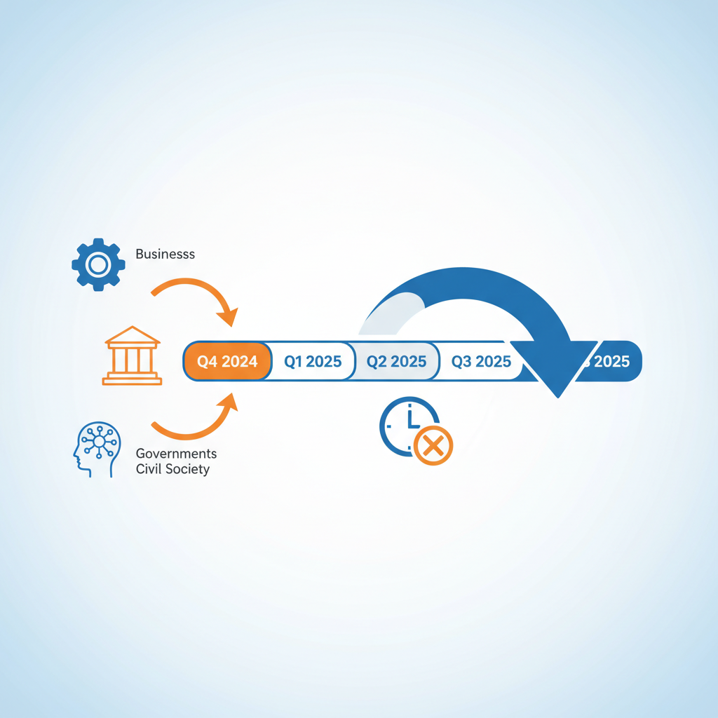 An infographic illustrating the discussion around the potential delay of the EU AI Act. It should show various stakeholders like businesses and governments, with arrows pointing towards a timeline being pushed back. The style should be clean and informative, using a blue and orange color palette. No text.
