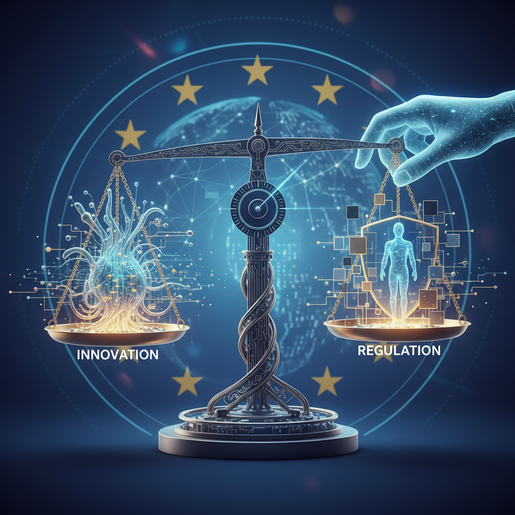 An image symbolizing the future and balance of the EU AI Act. It could show a complex scale with "innovation" on one side and "regulation" on the other, with a hand carefully adjusting the balance. The background could feature subtle digital patterns. Style: conceptual illustration. No text.