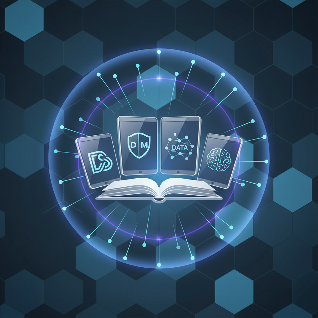 Clean infographic, modern layout, high contrast. A stylized book or series of digital tablets labeled with abstract symbols representing DSA, DMA, Data Act, and AI Act, radiating protection. Bright, balanced lighting, textured background, no text, centered focus, no empty margins.