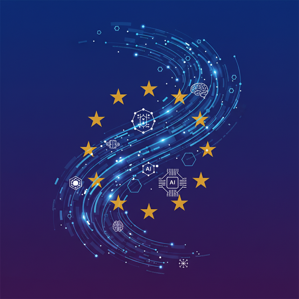 A thought-provoking illustration of a stylized European Union flag partially obscured by digital data streams and AI symbols. The background is a gradient of deep blues and purples, suggesting complexity and a shifting digital landscape. No visible text, clean infographic style.