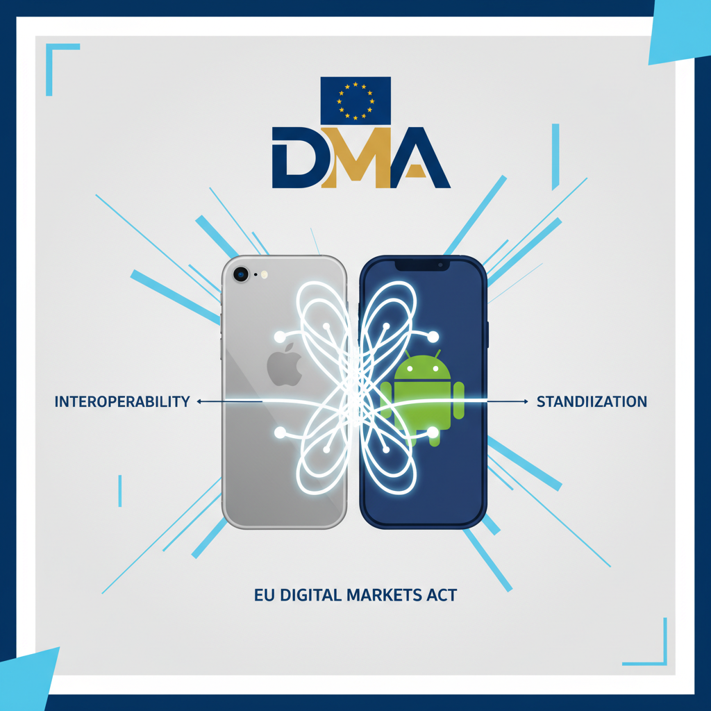 A stylized, modern infographic depicting the European Union's Digital Markets Act (DMA) logo prominently. Below it, an iPhone and an Android phone are shown with intertwined wireless signal lines, symbolizing interoperability and forced standardization. Style: clean infographic, modern layout, high contrast. Background: textured light gray with subtle blue accents.