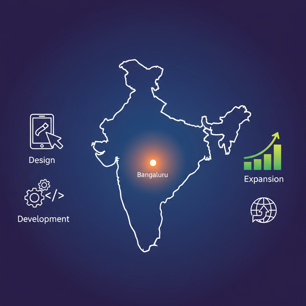 A modern infographic illustrating Figma's expansion into India, with clean lines and a vibrant color palette. Show a map of India with a highlighted city, stylized icons representing design and development, and a subtle graph indicating growth. The background is a gradient of blue and purple. No text.