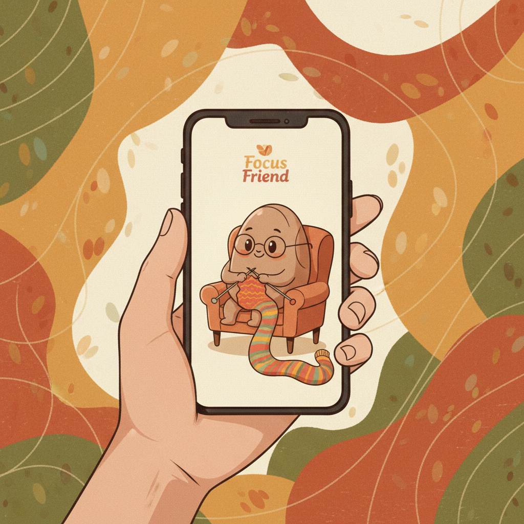 illustration, artistic rendering, textured background. A stylized illustration of a person's hand holding a smartphone, with the Focus Friend app open on the screen. The cute bean character is prominently displayed, happily knitting. The background features warm, earthy tones with subtle textures, suggesting a calm and focused environment. Centered focus, visually rich, no empty margins, no visible text.