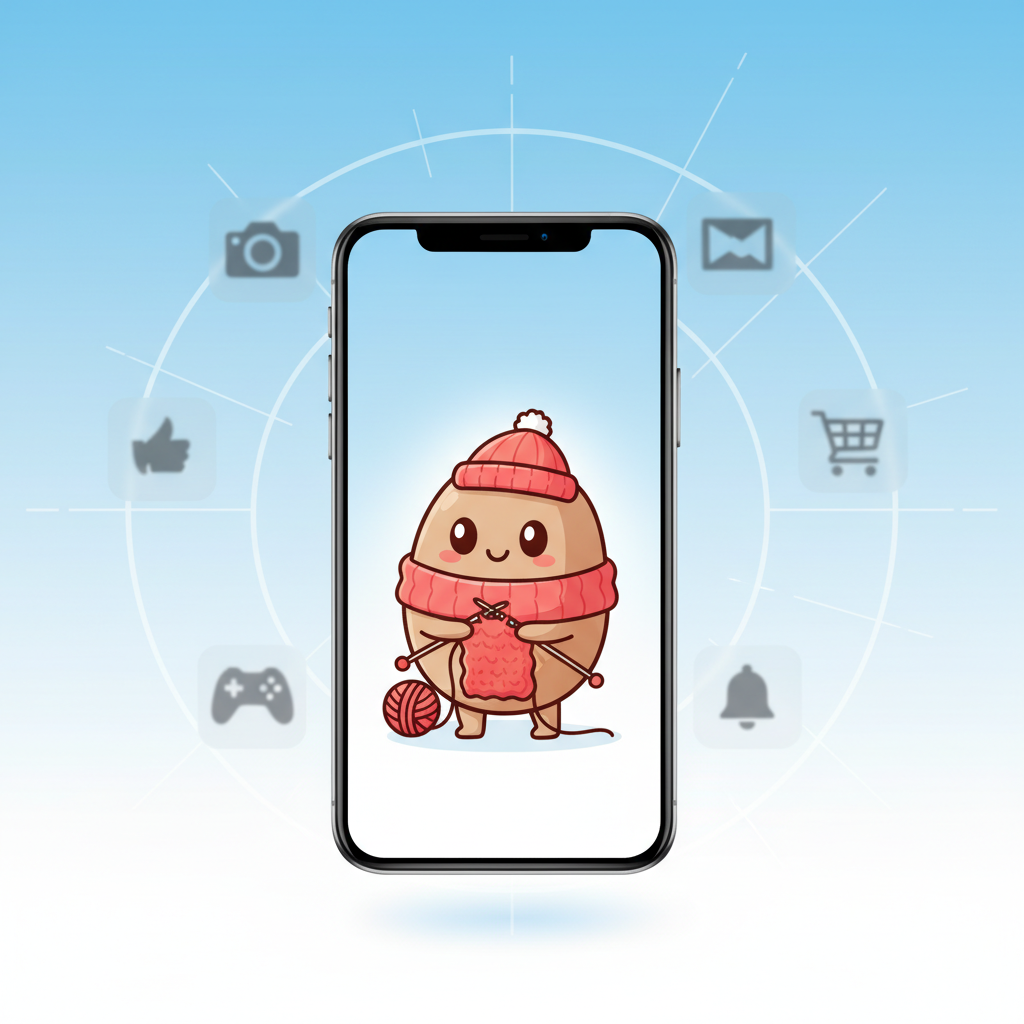 clean infographic, modern layout, high contrast. A smartphone screen showing a friendly, cartoon bean character knitting. Around the phone, various distracting app icons are blurred or grayed out, symbolizing blocked distractions. The background is a soft, gradient blue and white, with subtle lines indicating focus. No visible text on the image.