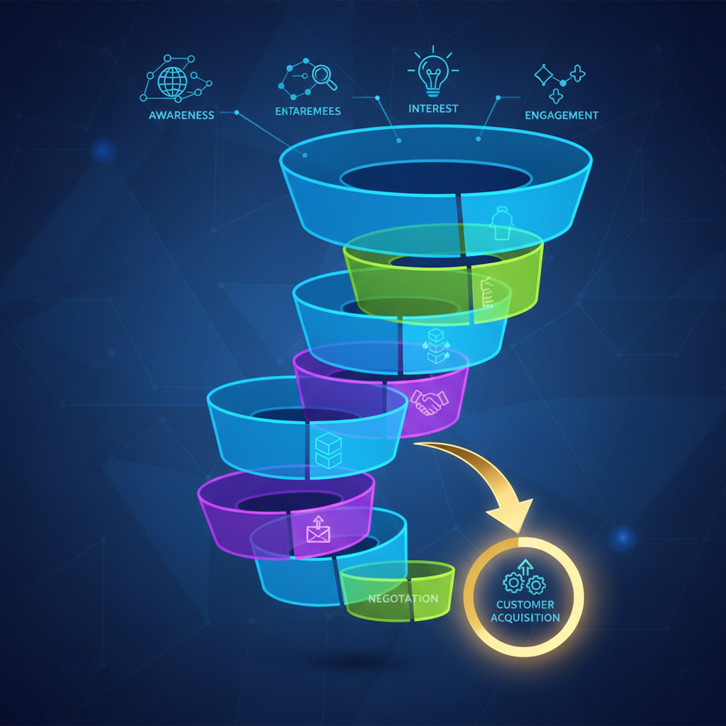 A stylized infographic showing a complex sales and marketing funnel with an arrow pointing to "customer acquisition" as a primary goal for an AI startup. Style: clean infographic, modern layout, high contrast. Rich, textured background. No text.
