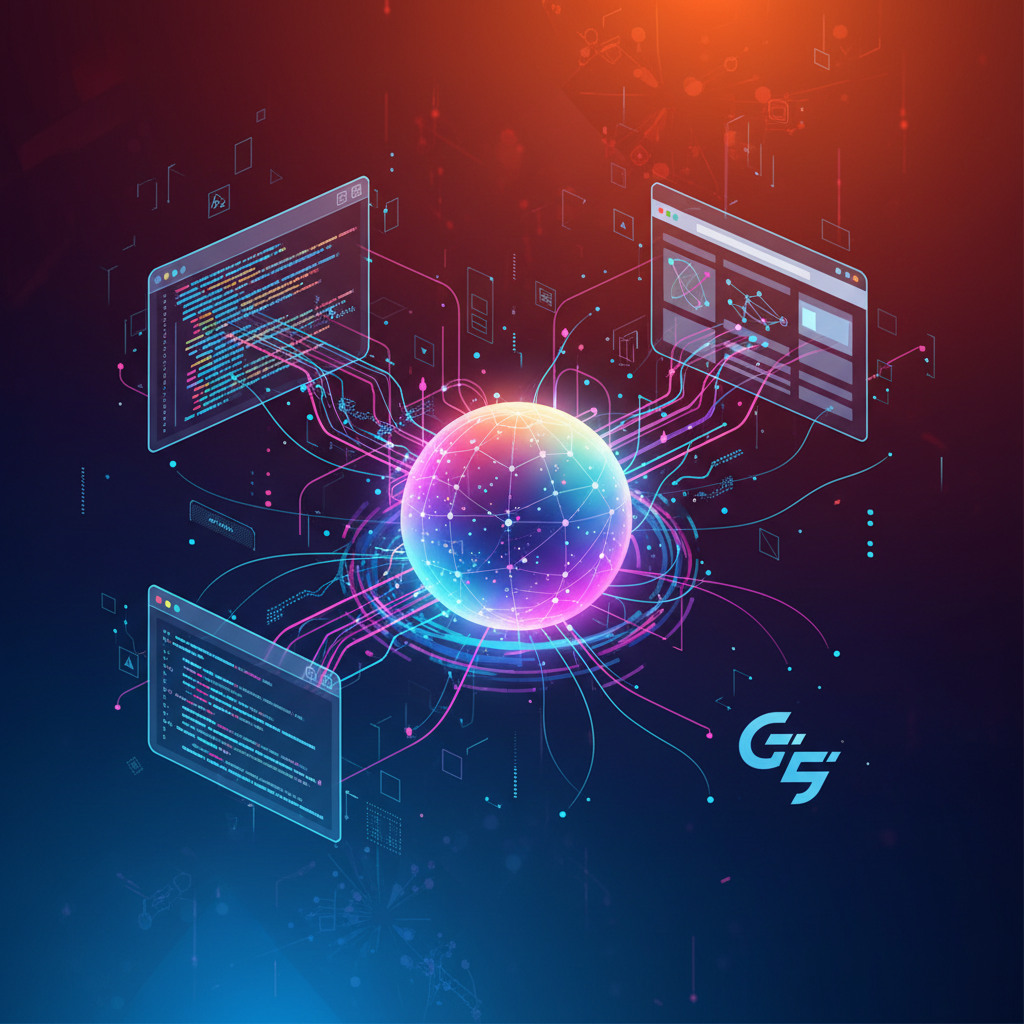 A stylized illustration showing an an AI agent (represented by a glowing sphere or abstract entity) seamlessly interacting with code, a terminal, and a web browser, demonstrating the 'agent-first' approach. Gemini 3 Pro logo subtly integrated into the design. Style: clean infographic, modern layout, high contrast. Rich, vibrant colored background. No visible text.