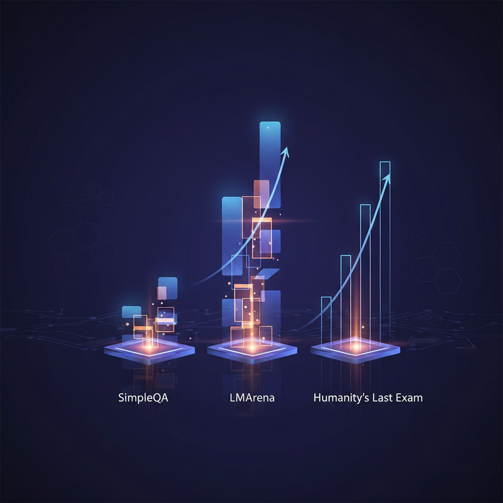 clean infographic, modern layout, high contrast, featuring abstract glowing bar-like shapes or upward-trending lines representing various benchmark scores (e.g., LMArena, SimpleQA, Humanity's Last Exam). Focus on abstract visualization of performance increase. The background is a dark, tech-inspired gradient. Bright, balanced lighting, no text, no actual graphs or charts.