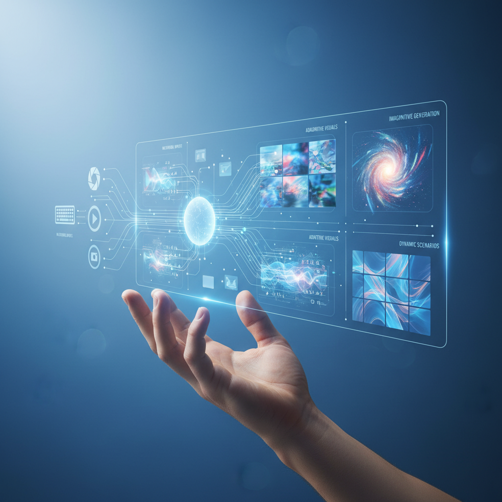 clean infographic, modern layout, high contrast, showing a human hand interacting with a holographic interface that displays multimodal inputs (text, image, video streams merging) and various dynamic, visually rich output layouts. The background is a textured, subtle blue gradient, with bright, balanced lighting. No visible text, no charts.