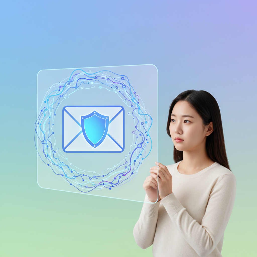 A modern infographic showing a secure email icon with a shield, surrounded by abstract AI neural network elements, on a clean, gradient background. A Korean woman with a thoughtful expression in the foreground, looking at a digital screen. No visible text.
