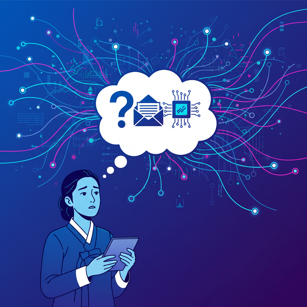 A stylized illustration of a conversation bubble with a question mark about AI and emails, spreading across a digital network, with a concerned Korean user observing. Clean, high contrast, vibrant blue and purple background. No visible text.