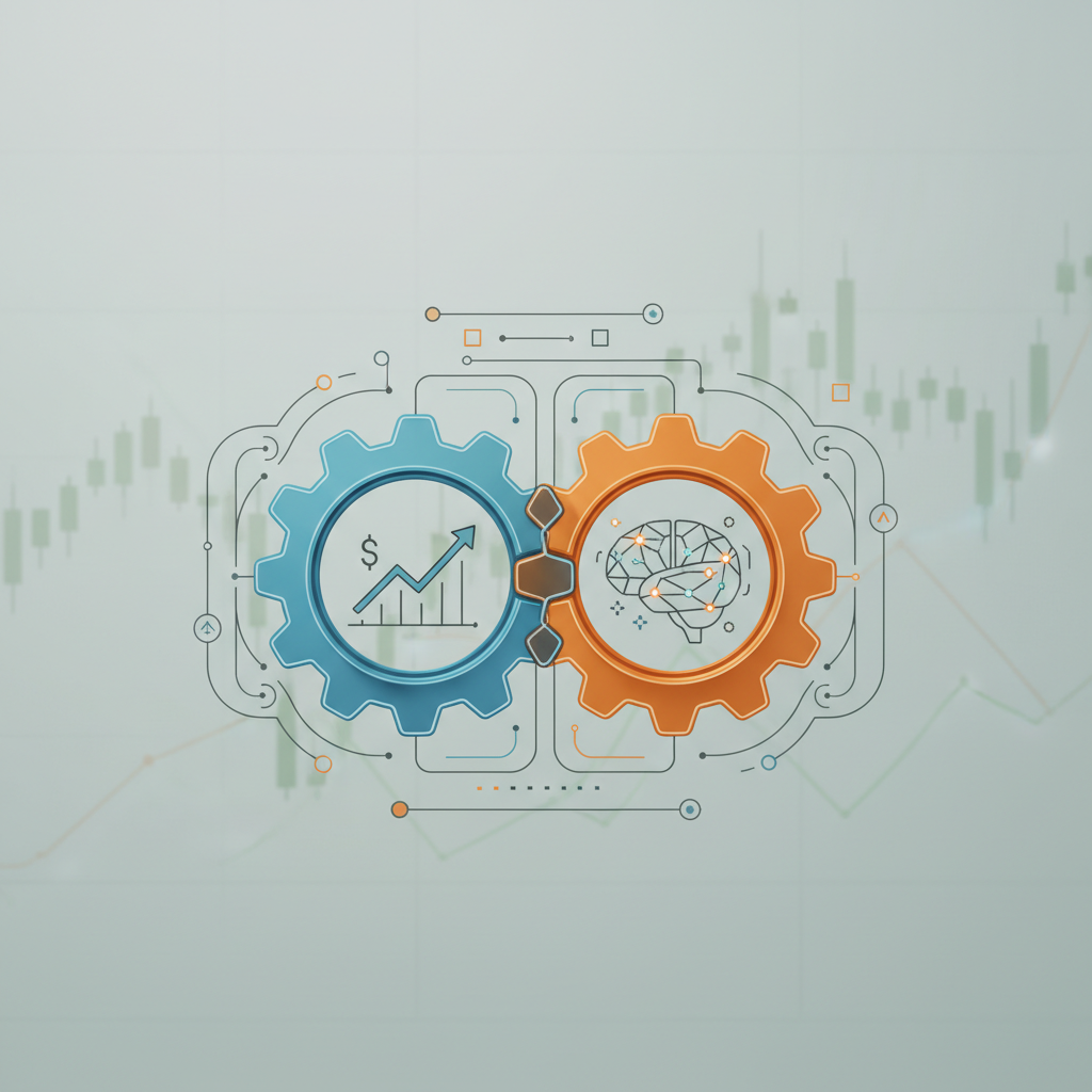 A clean infographic showing the integration of Google Finance and Gemini AI, represented by gears or interconnected symbols, with a subtle background of financial charts. The overall feeling is smart and innovative. No text in image.