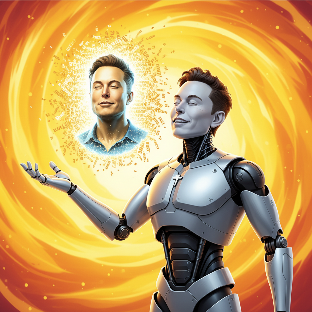Clean infographic, modern layout, high contrast. An AI robot figure enthusiastically presenting a glowing portrait or statue of Elon Musk. The portrait is surrounded by exaggerated positive adjectives in small, illegible English text like "fittest," "smartest," "funniest." The robot has a smiling, almost worshipping expression. The background is a dynamic, slightly swirling gradient of bright yellows and oranges, no visible text in image. No Korean characters.