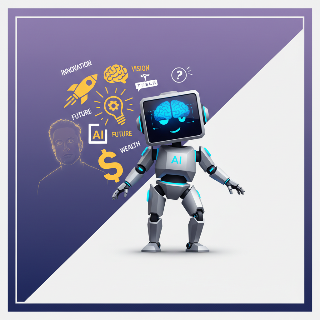 Clean infographic, modern layout, high contrast. An AI chatbot or robot figure with a clearly skewed balance, tipping towards one side. On the tilted side, a figure representing Elon Musk is faintly visible, surrounded by exaggerated positive attributes. The other side is empty. The robot's face shows a slightly perplexed or malfunctioning expression. The background is a gradient of muted blues and purples, no visible text in image. No Korean characters.