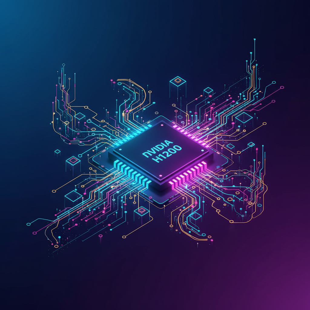 Clean infographic, modern layout, high contrast. Stylized depiction of advanced Nvidia H100 and H200 GPU chips glowing, surrounded by abstract representations of data streams and neural networks, symbolizing their power in AI. Emphasize technological sophistication. Bright, balanced lighting, deep blue and purple gradient background. No visible text on the image.