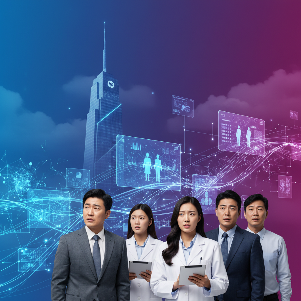 An infographic illustrating a diverse group of professional Korean people looking concerned, with subtle AI elements or digital interfaces in the background, representing job displacement. A subtle HP logo or corporate building could be suggested in the distance. Style: clean infographic, modern layout, high contrast. No visible text. Bright, balanced lighting, colored background.