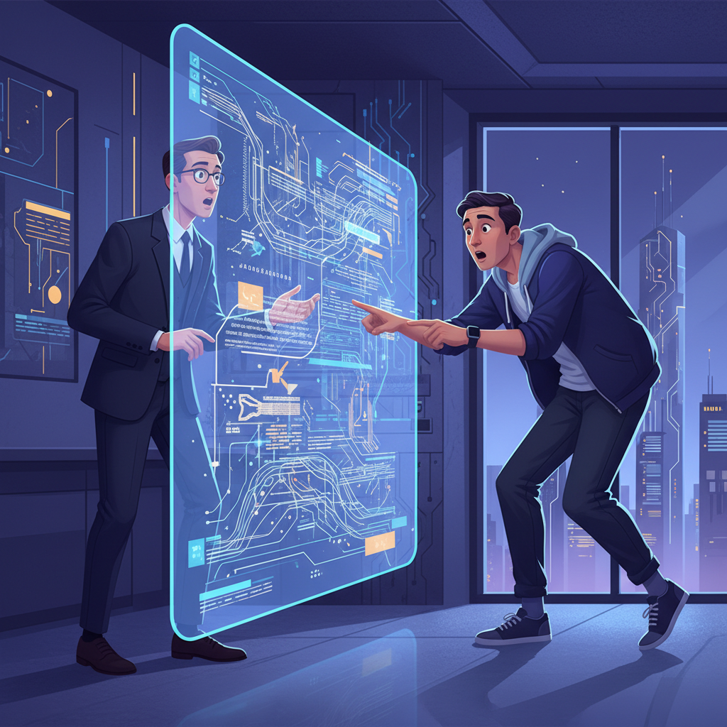 An illustration depicting two people, one a lawyer and one a tech expert, looking at a screen with AI-generated legal text, symbolizing the unexpected beginning of a legal AI startup. The setting is modern, with a textured background. No text.