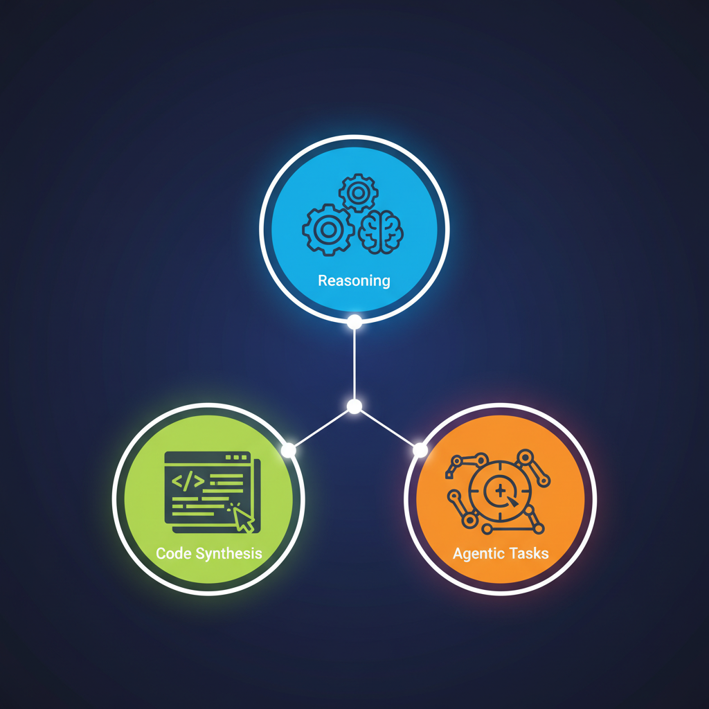A clean infographic illustrating Kimi K2 AI model's core features like reasoning, code synthesis, and agentic tasks. Modern layout, high contrast, colored background, no text, no Korean characters.
