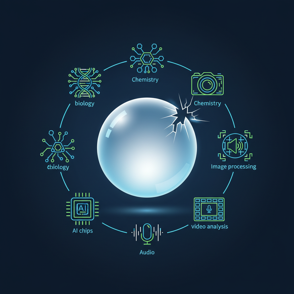 A visual metaphor of a large language model bubble about to burst, with a small crack visible. Surrounding it are various specialized AI chips or icons representing different AI fields like biology, chemistry, image processing, audio analysis, and video. Style: clean infographic, modern layout, high contrast. Textured dark blue background. No text in image.