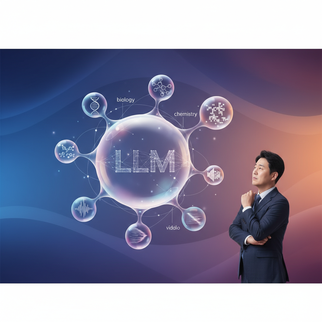 A thought-provoking infographic showing a large, inflated bubble labeled "LLM" with smaller, diverse AI applications (biology, chemistry, image, audio, video) growing steadily around it. Clean, modern layout, high contrast. Colored background with soft gradients. Korean man in business attire looking at the bubbles with a pensive expression. No text in image.