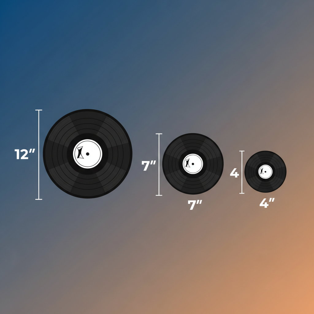 An infographic-style illustration comparing the physical sizes of a standard 12-inch LP, a 7-inch single, and a 4-inch Tiny Vinyl record side-by-side on a gradient background. Clear labels for sizes but no text. Modern layout.