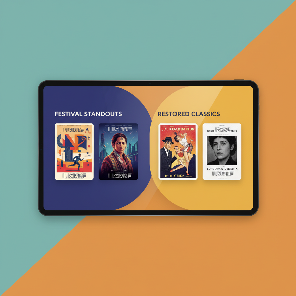 Clean infographic, modern layout, high contrast, showing a curated selection of diverse movie posters within a sleek app interface, emphasizing "festival standouts" and "restored classics". Bright, balanced lighting, colored background. No visible text.